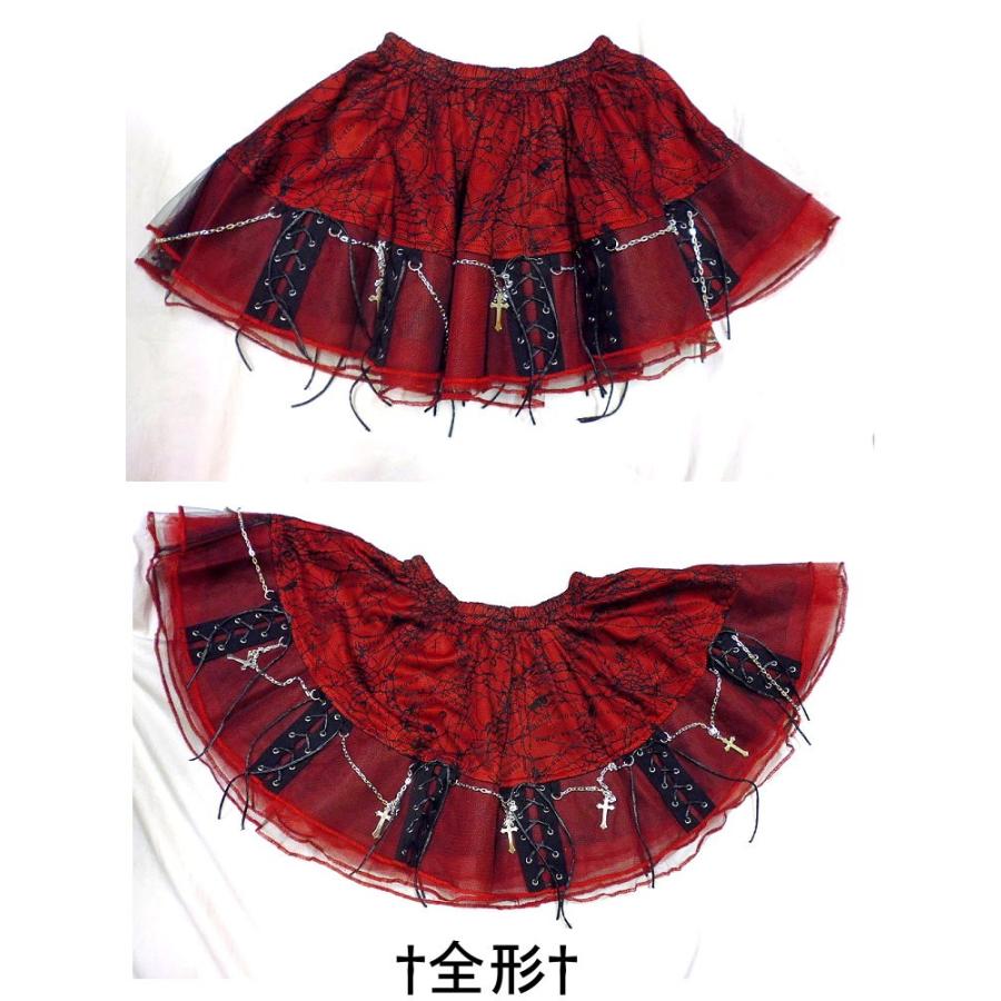 QuiteFrash蜘蛛の巣柄レーススカート 赤黒 パンクロック ファッション 十字架＆レースアップ＆蜘蛛の巣