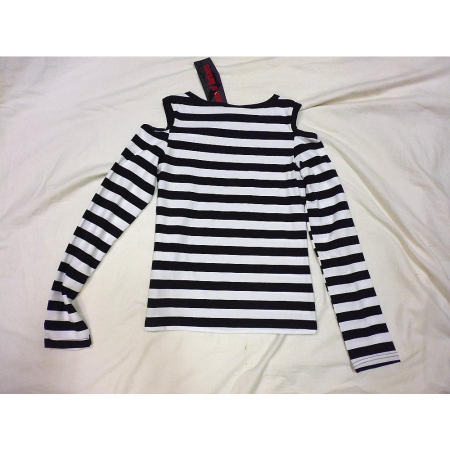 パンクロック ファッション ネコドクロ猫髑髏 ボーダー柄肩だし長袖T