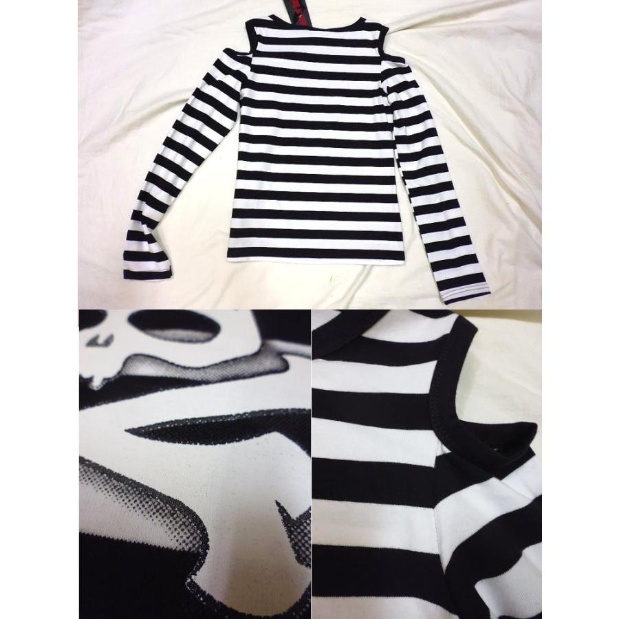 パンクロック ファッション ネコドクロ猫髑髏 ボーダー柄肩だし長袖T