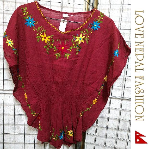 ネパール 花刺繍 ドルマンスリーブ カットソー しわ加工 シフォン チュニック アジアン ファッション エスニック /wot335 | 