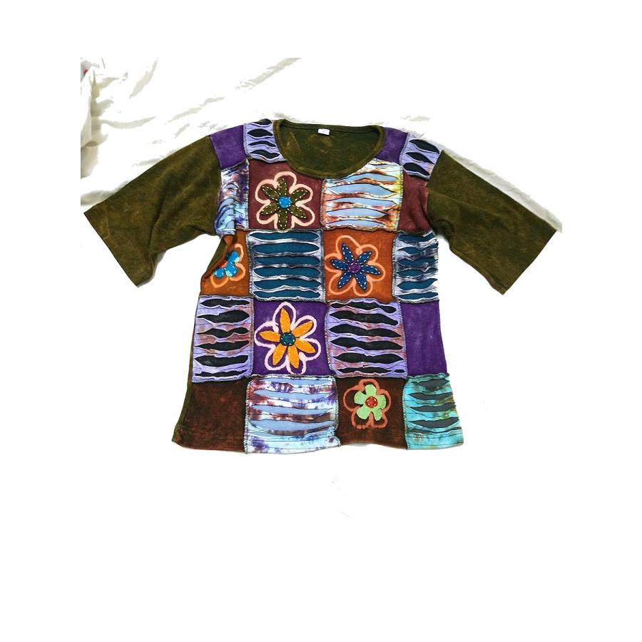 ネパール 半袖 Tシャツ tee パッチワーク カットソー トップス ユニ