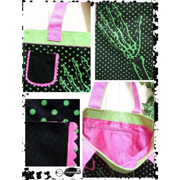 パンク トートバッグ キャンバス地 スケルトンハンド ドット柄 鞄