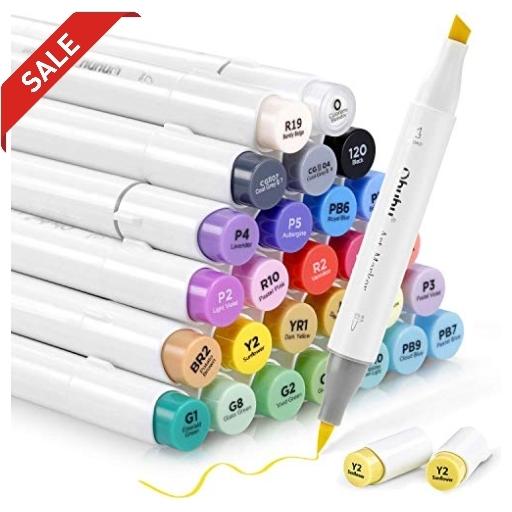 Ohuhu イラストマーカー 筆 太字 24色 ブレンダーペン付き マーカーペン ふでタイプ 両用 鮮やか 手帳 イラスト