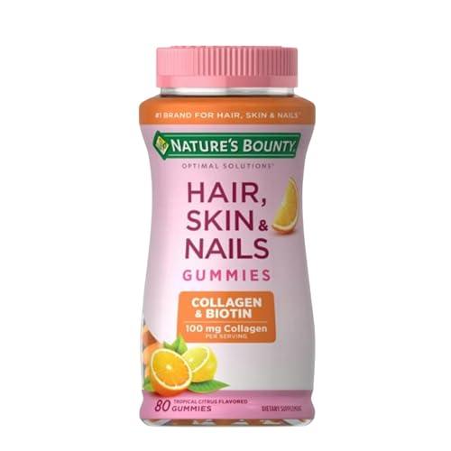 Nature's Bounty オプティマル・ソリューション、ビオチンとコラーゲン配合、トロピカルシトラス味、グミ80個 | 