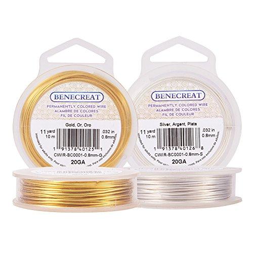 BENECREAT 2巻きセット0.8mmアクセサリーワイヤー アートワイヤー 光沢 変色防止 クラフト銅線 ジュエリー作り 手作り ゴールド＆シ | 