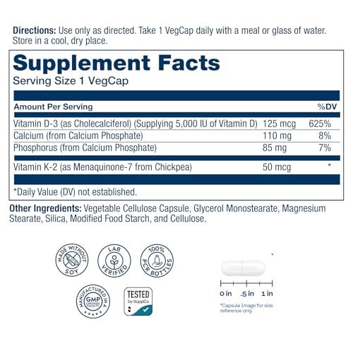 Solaray Vitamin D3 + K2 | D & K Vitamins for Calcium 120 Count |  | 01