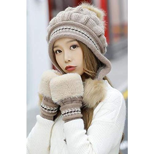 [Gergeous] レディース ニット帽子 ケーブル ポンポン 手袋 ニットキャップ 冬物 防寒対策 雪遊び あったか ニット帽(FREESI |  | 01