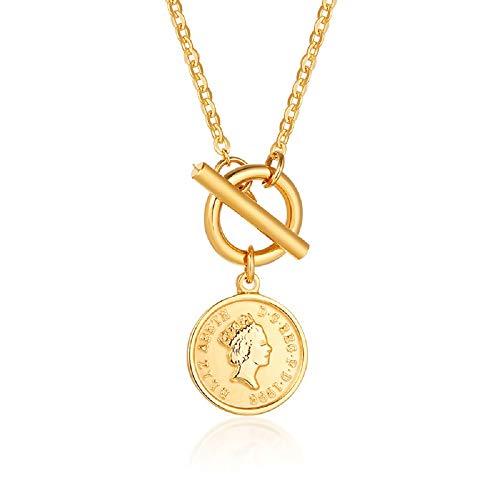 [Deelfel] ネックレス レディース ゴールド 18金メッキ ステンレス コインペンダント エリザベス 刻印 おしゃれ 喜平チェーン 円形 | 
