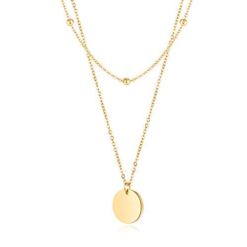 [Deelfel] ネックレス レディース ピンクゴールド 18K メダル 円形ペンダント おしゃれ 珠 2連チェーンネックレス シンプルデザイ | 