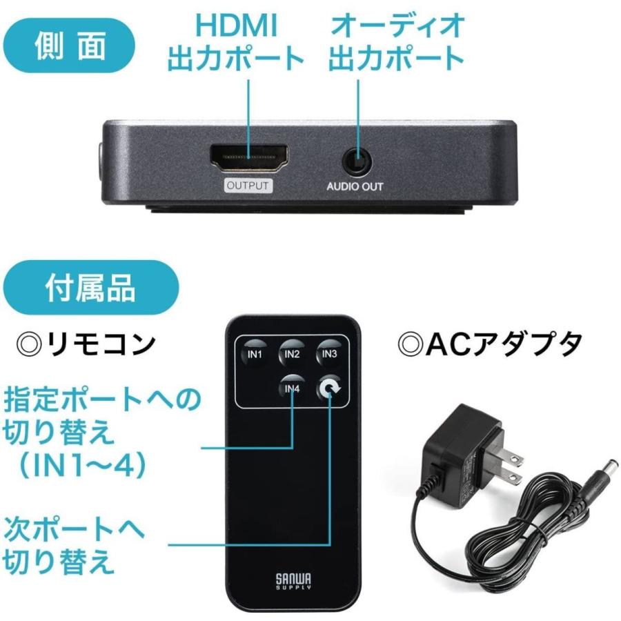 サンワダイレクト HDMI切替器 4K 60Hz 4入力1出力 HDR HDCP2.2 リモコン付 PS4 PRO/Xbox One 対応｜hellodolly｜02