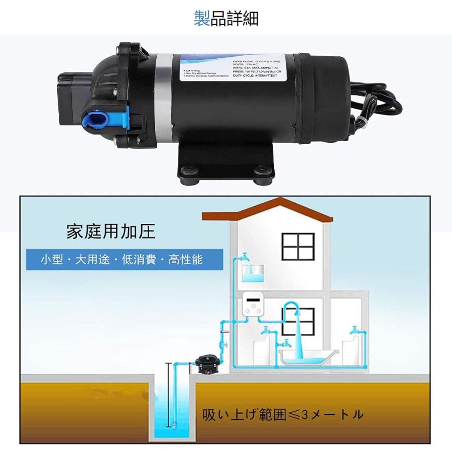 NEWTRY　高圧ポンプ　給水　ダイヤフラムポンプ　最大揚程110ｍ　排水ポンプ　最大吐出量6-7L　160PSI　電動ウォーターポンプ　m