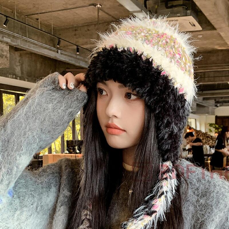 ニット帽子 紐付き 韓国風 毛糸帽子 レディース 暖かい帽子 折りたたみ