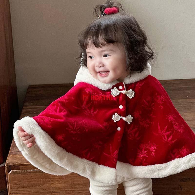 ベビー サンタ衣装 ポンチョ 防寒 裏起毛 帽子付き 前開き 赤ちゃん