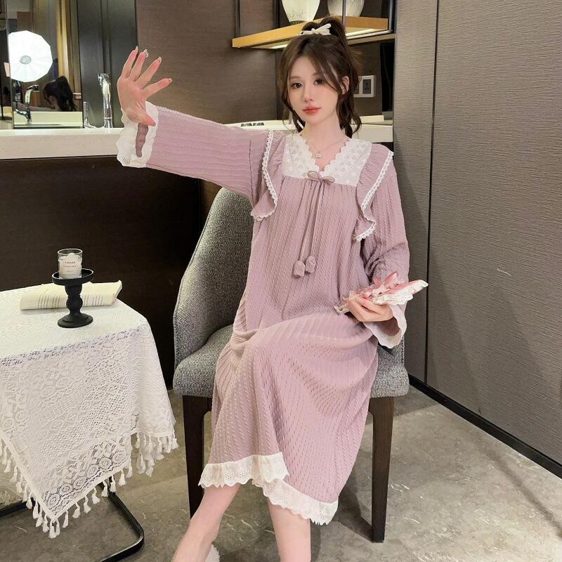 ネグリジェ ロング 春秋 長袖 無地 大きいサイズ ナイトウエア お姫系 フリル付き 綿混 コットン パジャマ 部屋着 可愛い 肌触りよい 肌に優しい おしゃれ |  | 05