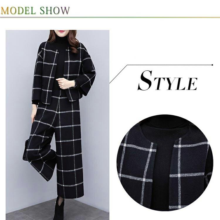 パンツスーツ レディース 2点セット セットアップ ノーカラージャケット ワイドパンツ ママスーツ ビジネス オフィス 春秋 グレンチェック きれいめ 大人 |  | 02
