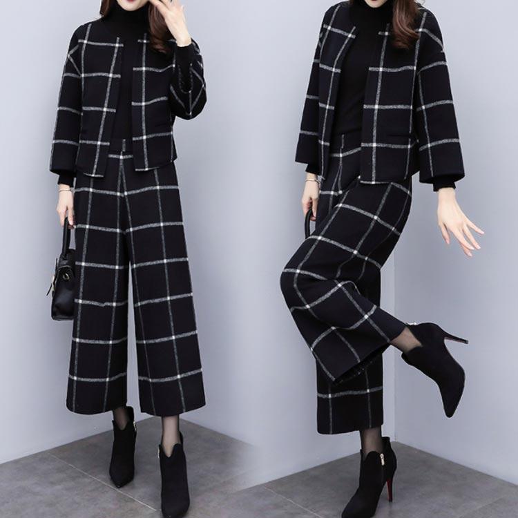 パンツスーツ レディース 2点セット セットアップ ノーカラージャケット ワイドパンツ ママスーツ ビジネス オフィス 春秋 グレンチェック きれいめ 大人 |  | 01