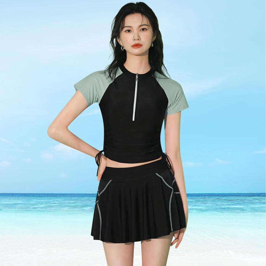 水着 レディース 体型カバー セパレート 2点セット タンキニ 半袖 ラッシュガード 見せパン付き スカート パッド付き ノンワイヤー 水陸両用 学生 水泳 |  | 02