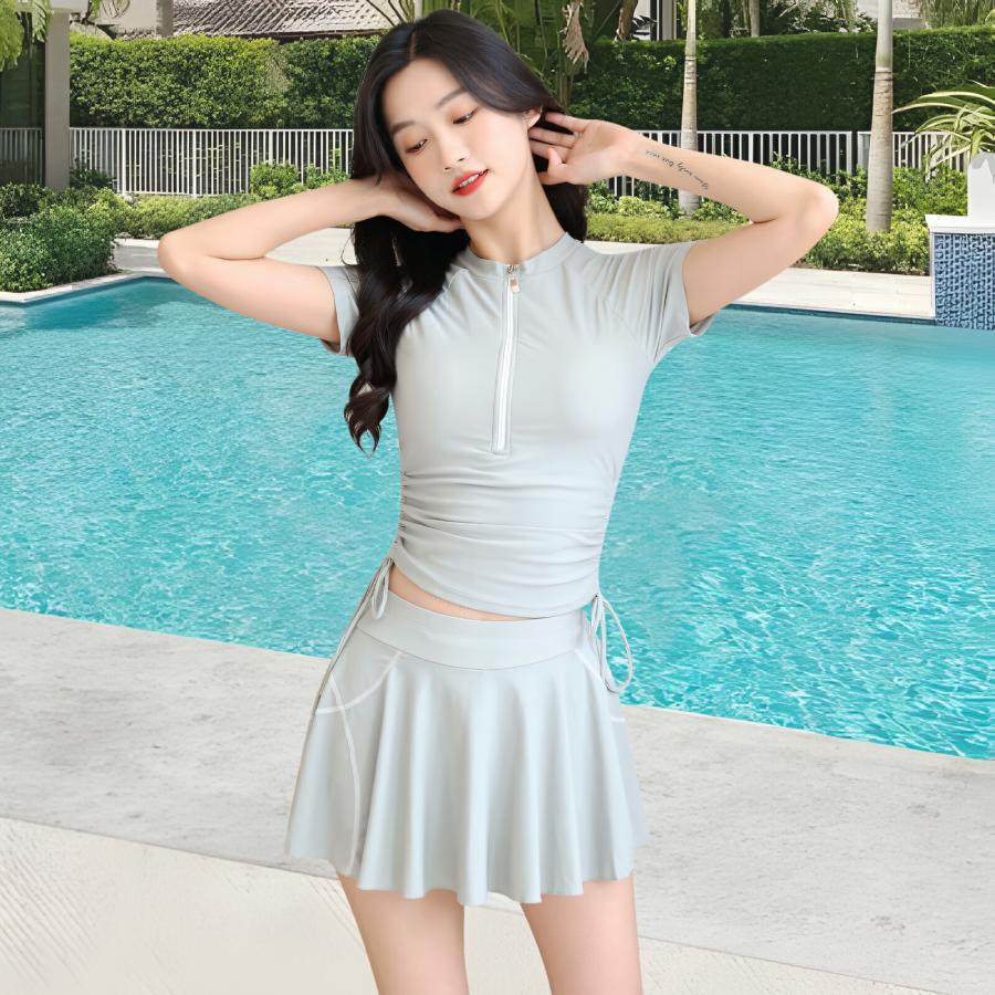 水着 レディース 体型カバー セパレート 2点セット タンキニ 半袖 ラッシュガード 見せパン付き スカート パッド付き ノンワイヤー 水陸両用 学生 水泳 |  | 04