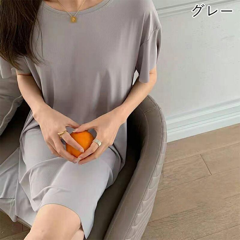 接触冷感 ルームウェア ワンピース レディース 半袖 パジャマ リブ ひんやり 春夏 ゆったり 伸縮性 無地 シンプル かわいい 部屋着 ナイトウェア |  | 01