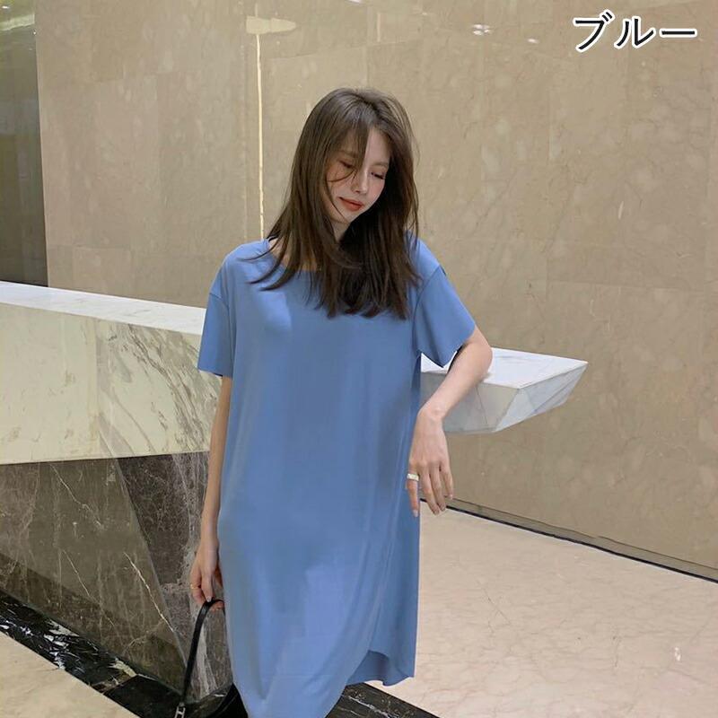 接触冷感 ルームウェア ワンピース レディース 半袖 パジャマ リブ ひんやり 春夏 ゆったり 伸縮性 無地 シンプル かわいい 部屋着 ナイトウェア |  | 02