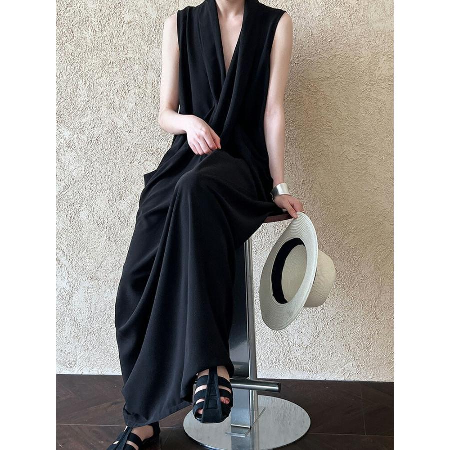 ノースリーブ ロングワンピース レディース 夏 マキシ丈 Vネック