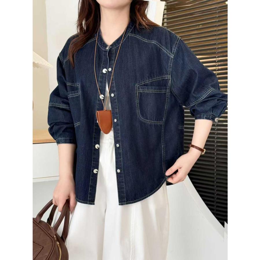 デニム シャツジャケット レディース 春夏 ノーカラー 長袖 薄手