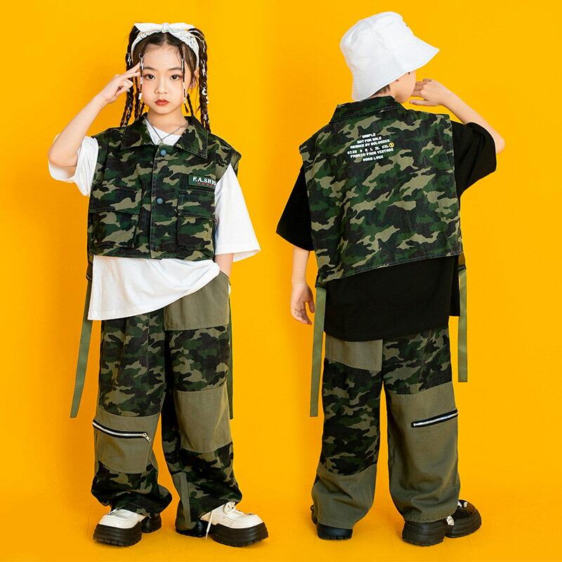 キッズ ダンス衣装 男の子 女の子 セットアップ ベスト グリーン 迷彩 カーゴパンツ おしゃれ 子供 子ども かっこいい かわいい ゆったり 半袖 Tシャツ トップス |  | 01