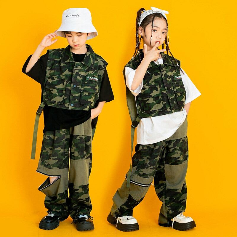 キッズ ダンス衣装 男の子 女の子 セットアップ ベスト グリーン 迷彩 カーゴパンツ おしゃれ 子供 子ども かっこいい かわいい ゆったり 半袖 Tシャツ トップス |  | 02