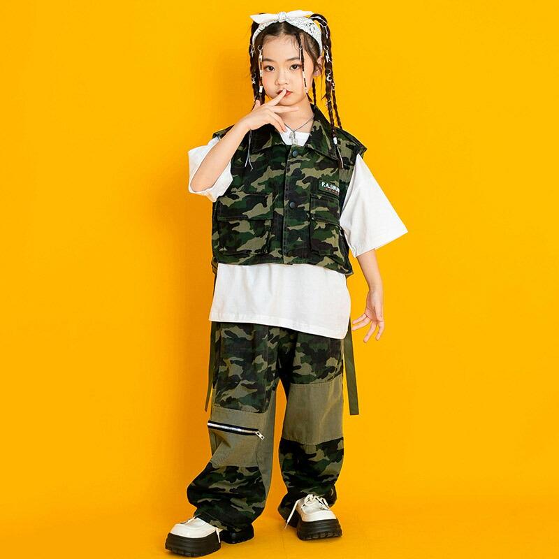 キッズ ダンス衣装 男の子 女の子 セットアップ ベスト グリーン 迷彩 カーゴパンツ おしゃれ 子供 子ども かっこいい かわいい ゆったり 半袖 Tシャツ トップス |  | 03