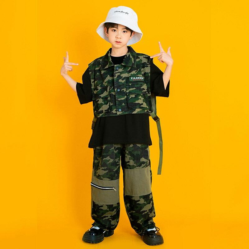 キッズ ダンス衣装 男の子 女の子 セットアップ ベスト グリーン 迷彩 カーゴパンツ おしゃれ 子供 子ども かっこいい かわいい ゆったり 半袖 Tシャツ トップス |  | 04