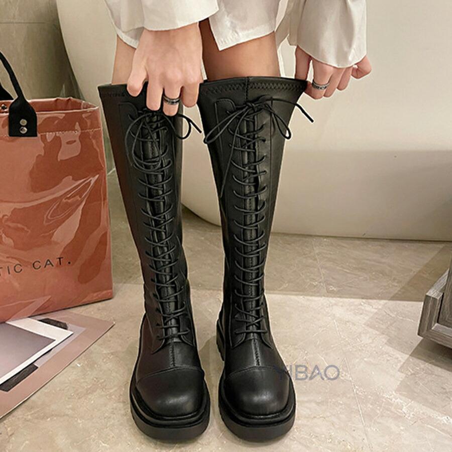 ロングブーツ 編み上げ レディース ブーツ  厚底 ニーハイブーツ チャンキーヒール ローヒール レザーブーツ ジョッキーブーツ 膝丈 靴 疲れない 歩きやすい |  | 09