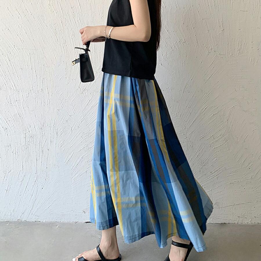 フレアスカート レディース ロングスカート チェック柄 ミモレ丈 Aライン 軽い 光沢ボトムス カジュアル ウエストゴム 柔らかい 動きやすい ゆったり 体型カバー |  | 05