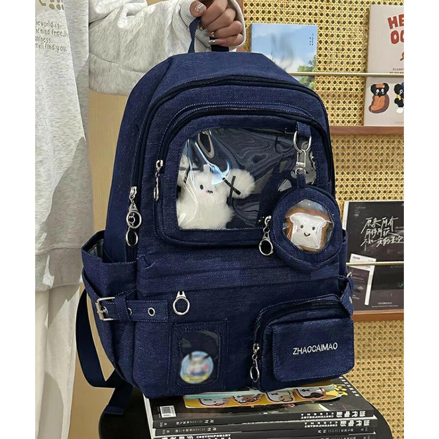 多収納 クリアポケット デニム ベルトデザイン リュック レディース