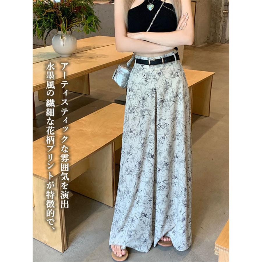 花柄ワイドパンツ レディース ハイウエスト ロングパンツ シフォン