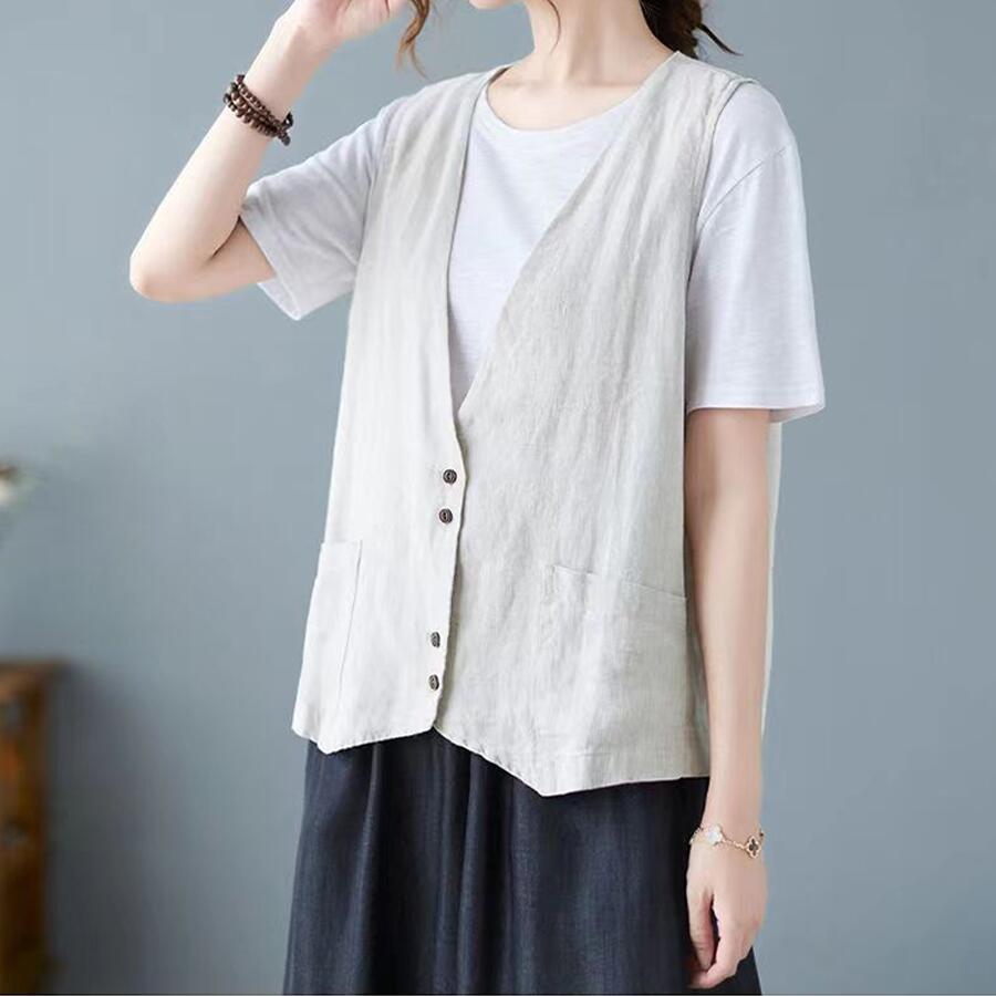 ベスト レディース 夏ジレ 前開き 綿麻風 薄手 綿麻ベスト 夏 ノースリーブ リネン カジュアルベスト Vネック トップス ジレベスト 羽織り 袖なし 大きいサイズ |  | 07