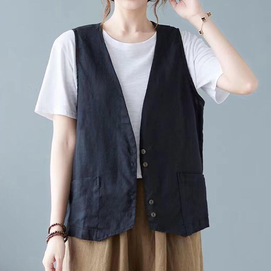 ベスト レディース 夏ジレ 前開き 綿麻風 薄手 綿麻ベスト 夏 ノースリーブ リネン カジュアルベスト Vネック トップス ジレベスト 羽織り 袖なし 大きいサイズ |  | 09