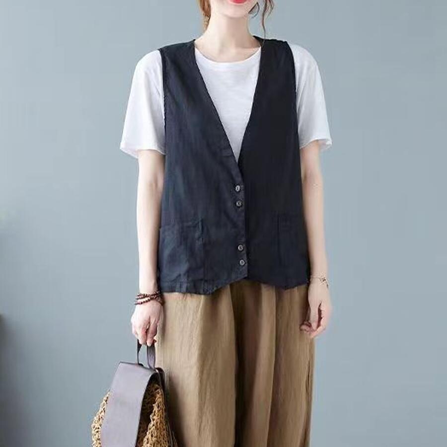 ベスト レディース 夏ジレ 前開き 綿麻風 薄手 綿麻ベスト 夏 ノースリーブ リネン カジュアルベスト Vネック トップス ジレベスト 羽織り 袖なし 大きいサイズ |  | 11