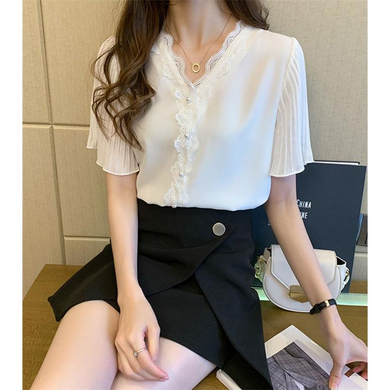 シフォンブラウス レディース レースブラウス 半袖 Vネック ゆったり 着痩せ 大人可愛い オフィス 通勤 カジュアル エレガント フェミニン 韓国ファッション |  | 06