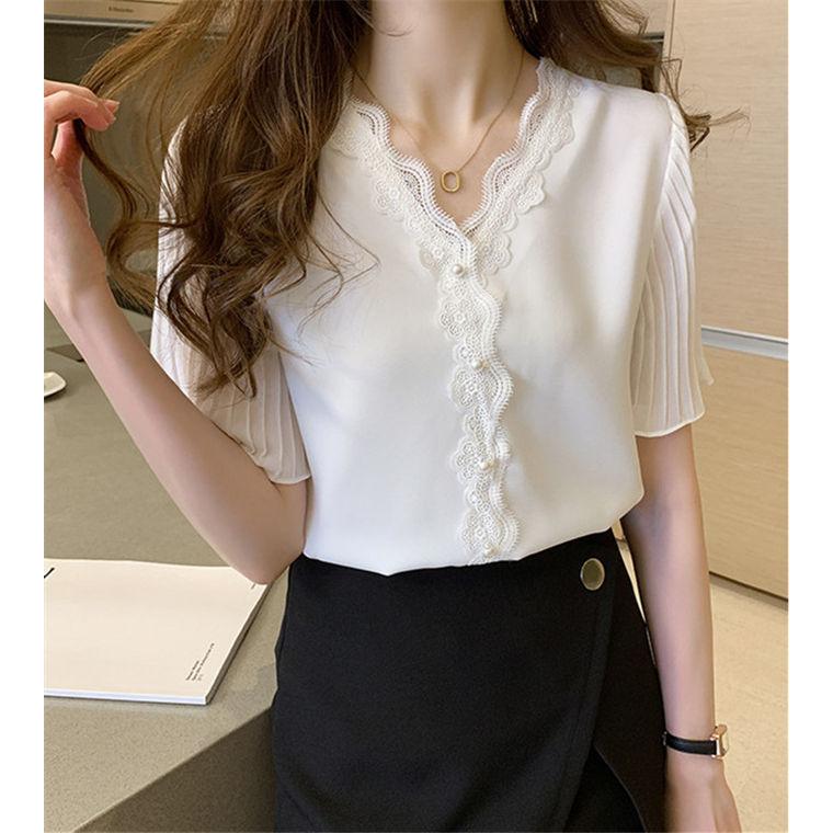 シフォンブラウス レディース レースブラウス 半袖 Vネック ゆったり 着痩せ 大人可愛い オフィス 通勤 カジュアル エレガント フェミニン 韓国ファッション |  | 01