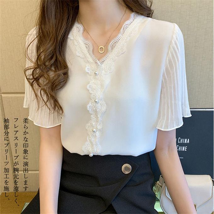 シフォンブラウス レディース レースブラウス 半袖 Vネック ゆったり 着痩せ 大人可愛い オフィス 通勤 カジュアル エレガント フェミニン 韓国ファッション |  | 08