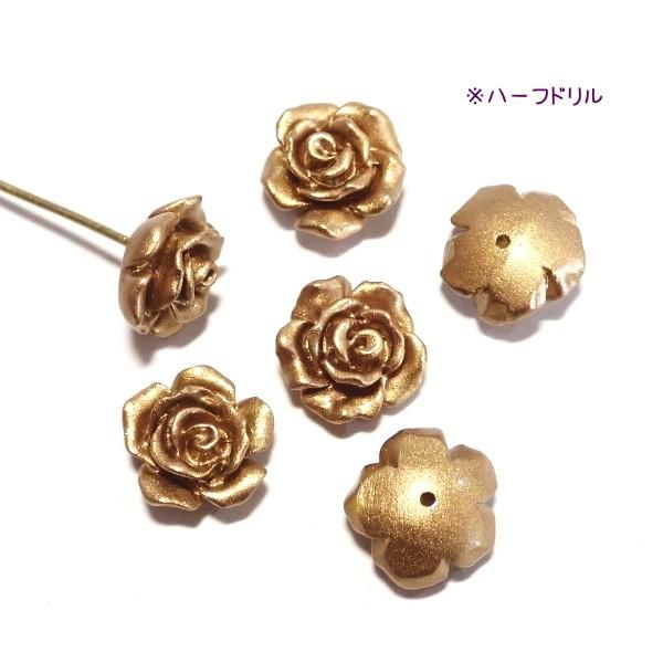 10073-【人造コーラル】　薔薇　マットゴールド　ハーフドリル　１０mm　６個/１パック | 