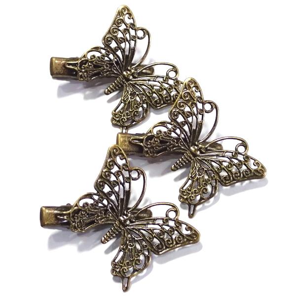 1011-【ヘアーパーツ】　ヘアクリップ蝶々／真鍮古美（フィリグリーサイズ３５x２６ｍｍ）　３個/１セット | 