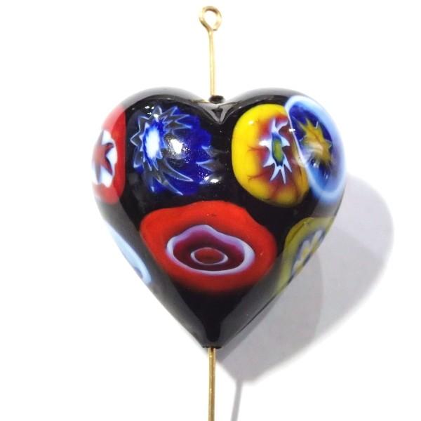 10125-『ベネチアンガラス』　ハート　ミルフィオリ　ブラック　約３０ｘ３１mm　１個 | 
