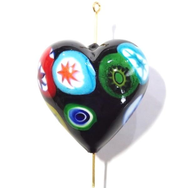 10125-『ベネチアンガラス』　ハート　ミルフィオリ　ブラック　約３０ｘ３１mm　１個 |  | 01