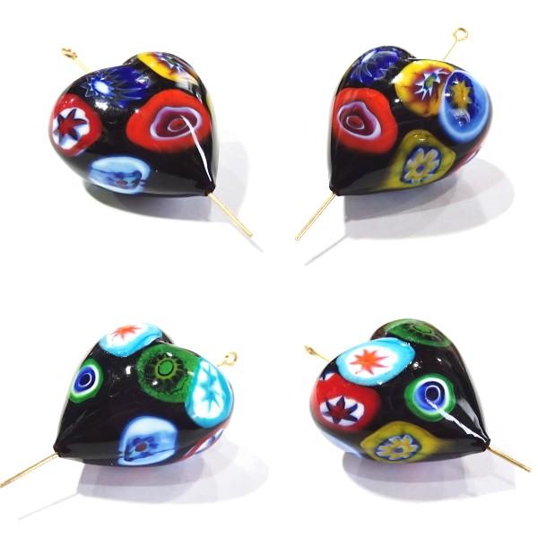 10125-『ベネチアンガラス』　ハート　ミルフィオリ　ブラック　約３０ｘ３１mm　１個 |  | 02