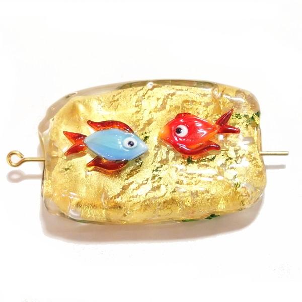 10140-『ベネチアンガラス』　長方形　魚　ゴールド　約４０ｘ２５ｍｍ　１個 | 