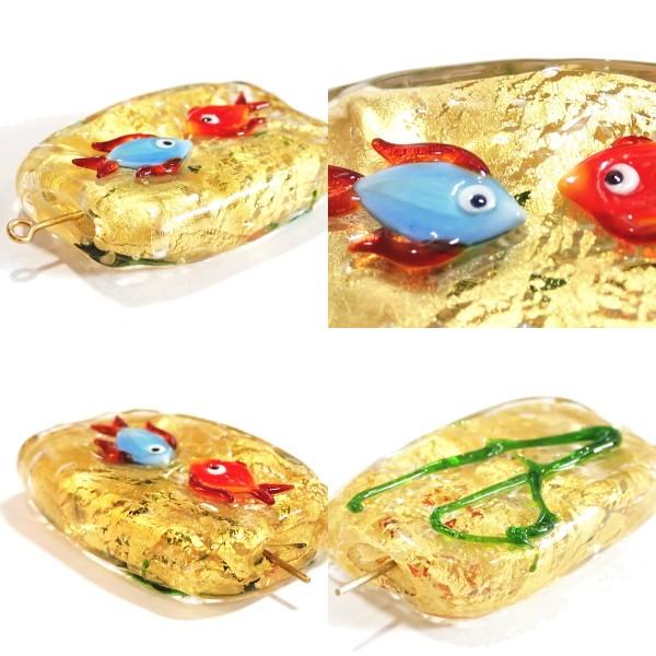 10140-『ベネチアンガラス』　長方形　魚　ゴールド　約４０ｘ２５ｍｍ　１個 |  | 02