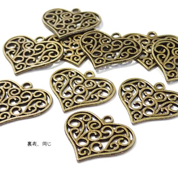 11169-《メタルチャーム・パーツ》　ハート　真鍮古美　２３ｘ２７mm　１０個/１セット | 