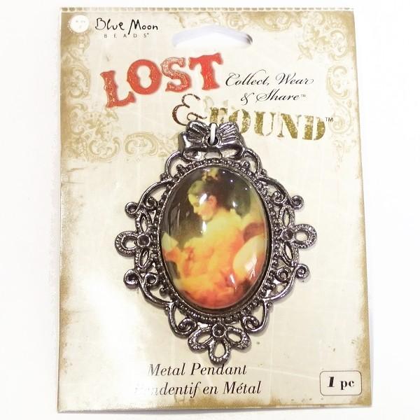 14263-《Blue Moon Beads》　横顔の女性ペンダント　黒銀色　５７ｘ４６mm　１個 | 