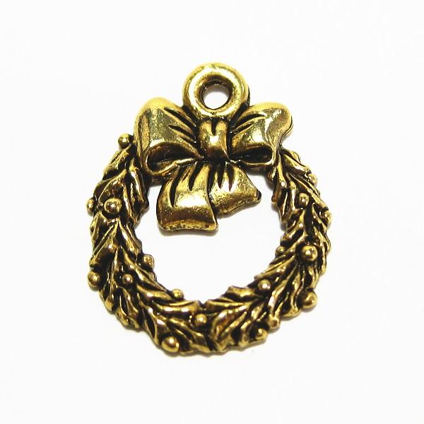 15024-【ＮＹピューター】　クリスマスリース　チャーム　金古美　１６mm　５個/１セット | 